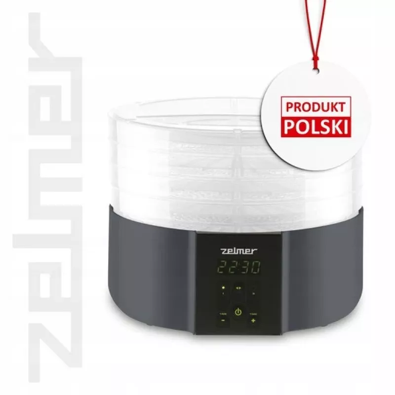 Zelmer ZFD2025 pārtikas žāvētājs, 5 paplātes, 520 W, elektroniskā temperatūras kontrole 35–70°C, taimeris 1–48 h, LED displejs, balts/pelēks