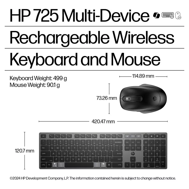 HP 725 - bezvadu klaviatūras un peles komplekts - daudzfunkcionāls, uzlādējams, ar superkondensatoru - pilna izmēra - bezvadu - Nightfall Black