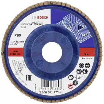 Bosch X431 Standard metāla slīpēšanas ziedlapa disks, 115 mm, cirkonija alumīnija oksīds, P60 graudainība, 22,23 mm urbums 2608601272