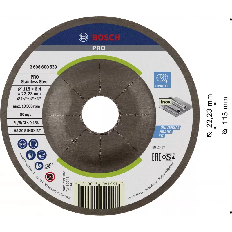 Bosch Accessories 2608600539 Iegremdētā centra slīpēšanas disks 115 mm x 22,23 mm, alumīnija oksīds, graudainība 24, 1 gabals