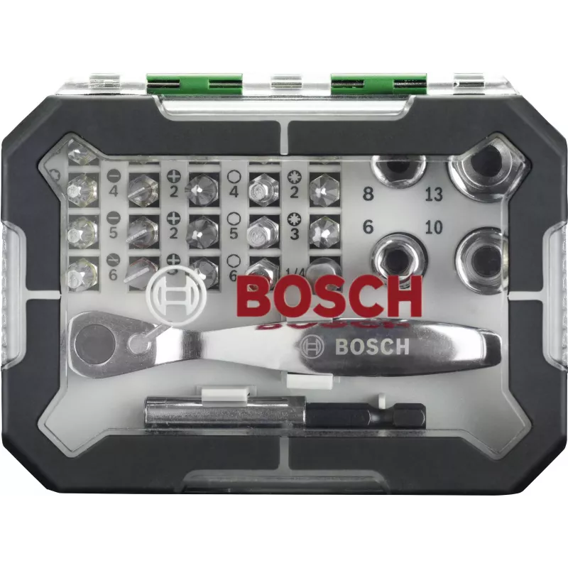 Bosch Accessories Promoline 2607017392 27 daļu skrūvgriežu uzgaļu komplekts ar rievotajiem, Phillips, Pozidriv, sešstūra un Torx uzgaļiem un glabāšanas maciņu