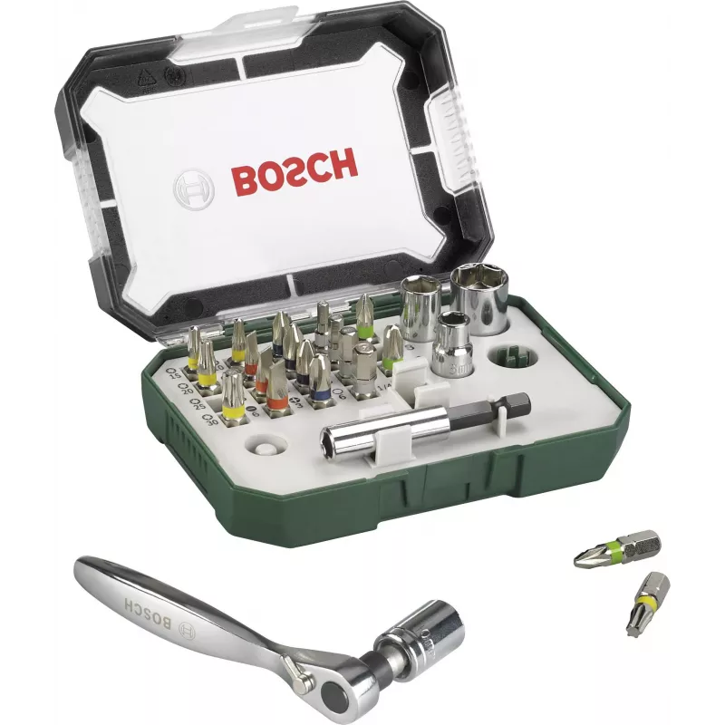 Bosch Accessories Promoline 2607017392 27 daļu skrūvgriežu uzgaļu komplekts ar rievotajiem, Phillips, Pozidriv, sešstūra un Torx uzgaļiem un glabāšanas maciņu
