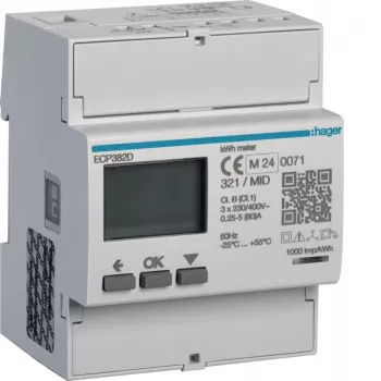 Hager ECP382D trīsfāžu enerģijas skaitītājs tiešajam pieslēgumam 80A 4M S0 MID