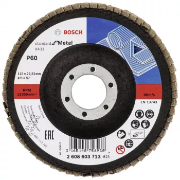 Bosch X431 Standard metāla slīpēšanas ziedlapa disks, 115 mm, 60 graudainība, stikla šķiedras pamatne 2608603713