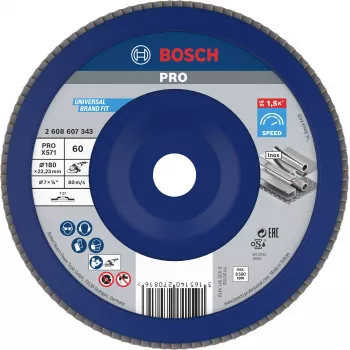 Bosch X571 Best for Metal slīpēšanas diski ar atlokiem, 180 mm diametrs, 22,33 mm urbums, cirkonija alumīnija oksīds, K40 graudainība, konusveida Type 29, tēraudam un melnajiem metāliem 2608607343