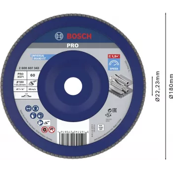 Bosch X571 Best for Metal slīpēšanas diski ar atlokiem, 180 mm diametrs, 22,33 mm urbums, cirkonija alumīnija oksīds, K40 graudainība, konusveida Type 29, tēraudam un melnajiem metāliem 2608607343