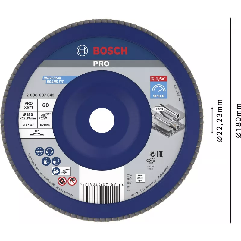 Bosch X571 Best for Metal slīpēšanas diski ar atlokiem, 180 mm diametrs, 22,33 mm urbums, cirkonija alumīnija oksīds, K40 graudainība, konusveida Type 29, tēraudam un melnajiem metāliem 2608607343