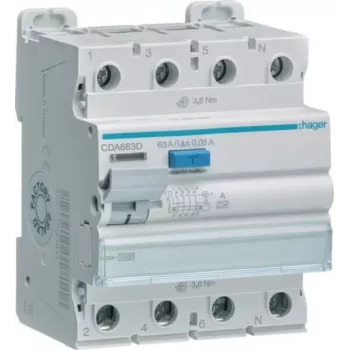 HAGER CDA663D Diferenciālās aizsardzības automāts 4P 63A 30mA A tipa 10kA