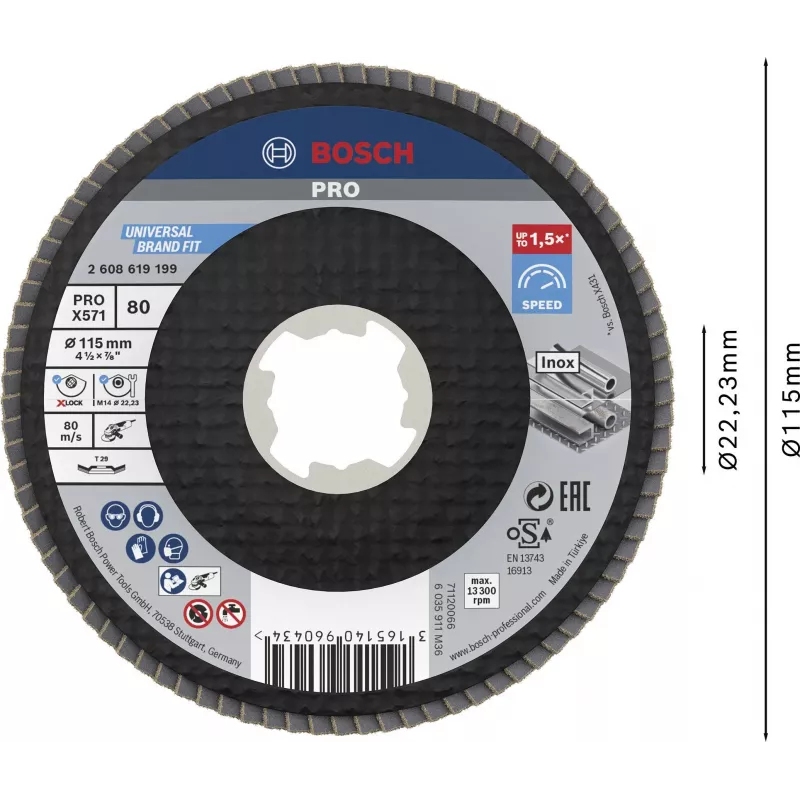 Bosch Accessories 2608619199 X-LOCK leņķa slīpēšanas diski ar līstītēm 115 mm, graudainība 80, cirkonija alumīnija oksīds, konusveida Type 29 metālam, 1 gabals