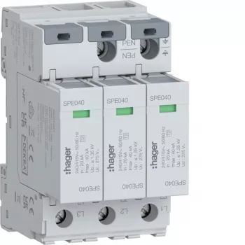 Hager SPE340 2. tipa pārsprieguma aizsardzības ierīce, 3-poliem, TNS/TT, 275V, 20kA, 40kA Imax