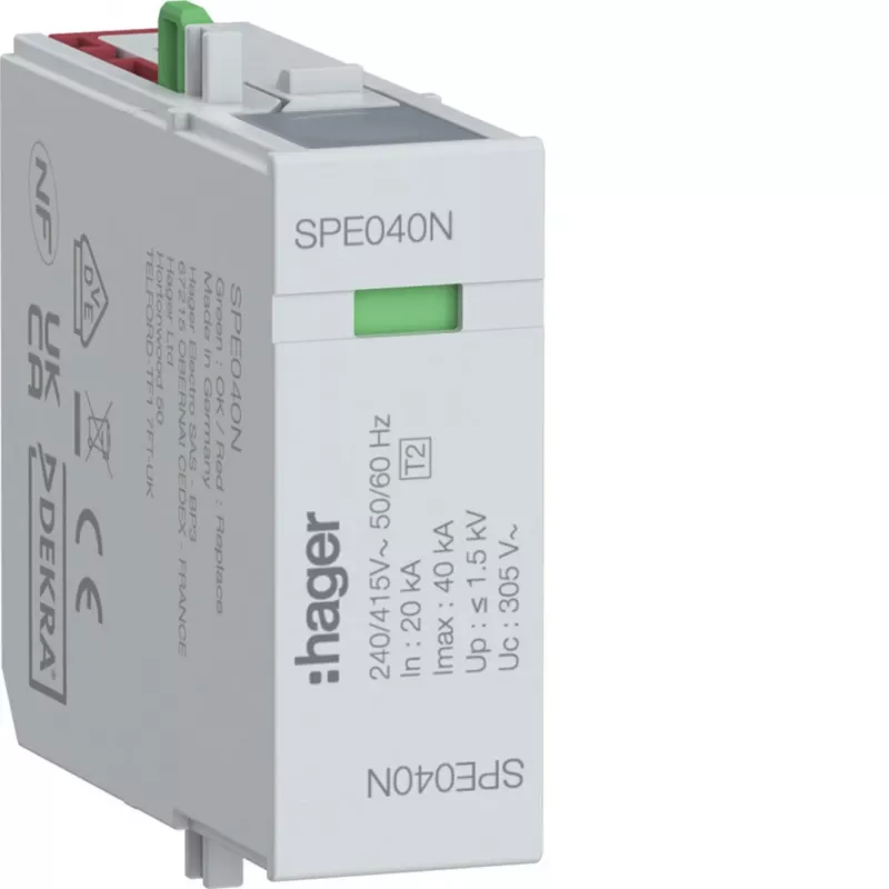 Hager SPE040N Pārsprieguma aizsardzības modulis N-PE Type 2 SPD 255V 20kA/40kA 1.5kV