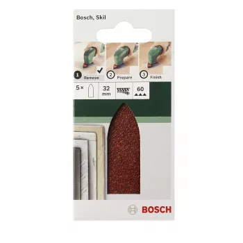 Bosch 2609256A38 Delta slīpēšanas papīrs, ar āķu un cilpu stiprinājumu, neperforēts, graudainība 80, stūris 32 mm, 5 gabali