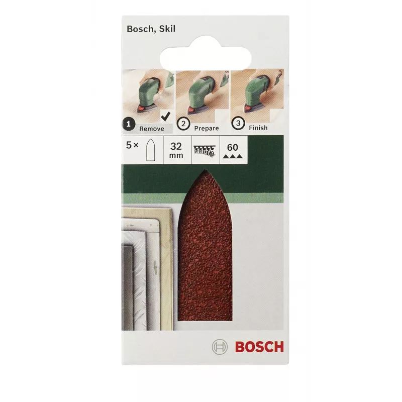 Bosch 2609256A38 Delta slīpēšanas papīrs, ar āķu un cilpu stiprinājumu, neperforēts, graudainība 80, stūris 32 mm, 5 gabali