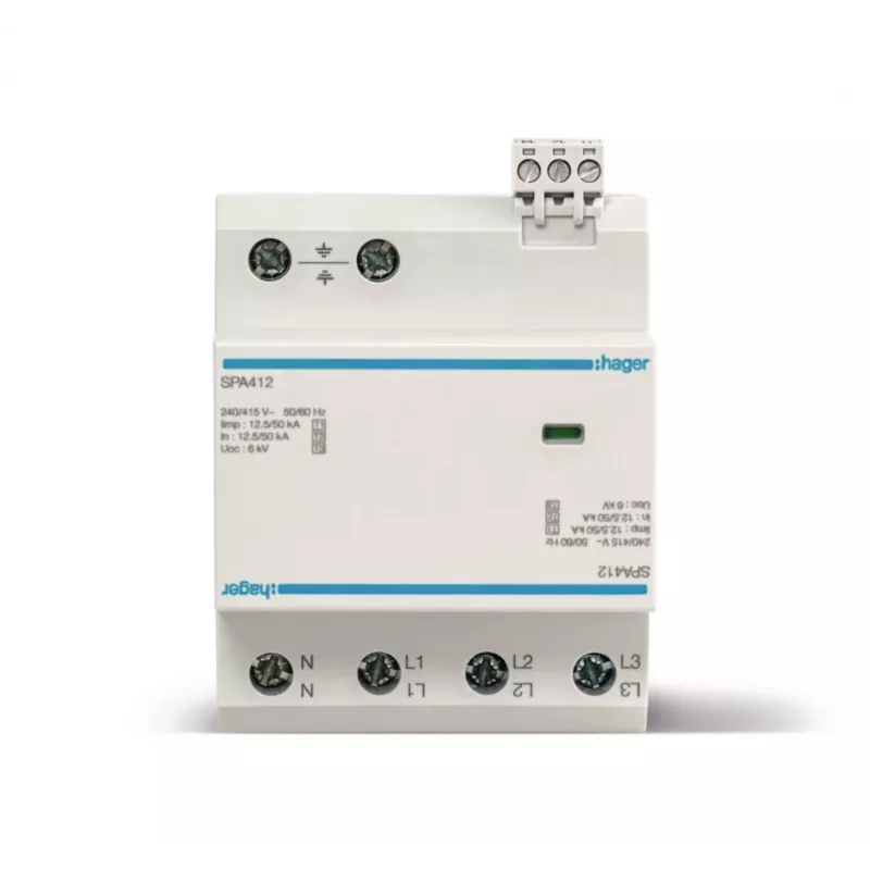 HAGER SPA412 kombinētais pārsprieguma aizsargs Type 1+2+3, 12.5kA, TNS/TT, 4-poliem, 230/400V