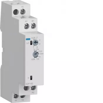 Hager EZF100 daudzfunkciju laika relejs, 230V AC, 8 funkcijas, 0,1s-10h, 1 CO kontakts, DIN sliedei