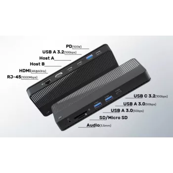 EXERTIS CONNECT KVM komutators ar dokstaciju, HDMI 4K Ultra HD, LAN, 4 portu USB centrmezgls, audio, karšu lasītājs (061110)