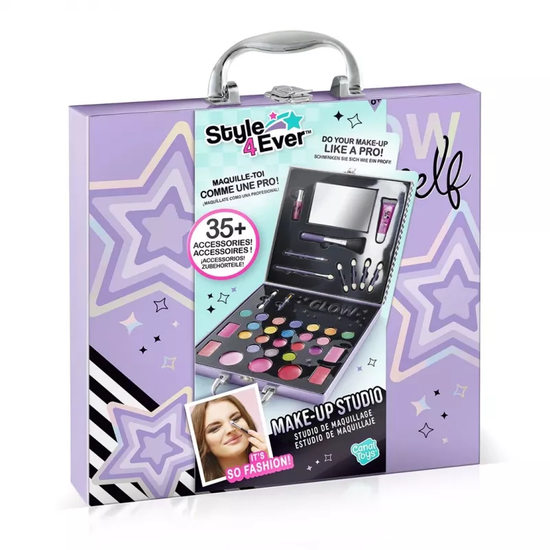 Canal Toys Make-Up Studio (OFG313) - bērniem drošs kosmētikas komplekts ar 10 acu ēnām, 6 lūpu spīdumiem, 2 vaigu sārtumiem, aplikatoriem, otām un salokāmu spoguli