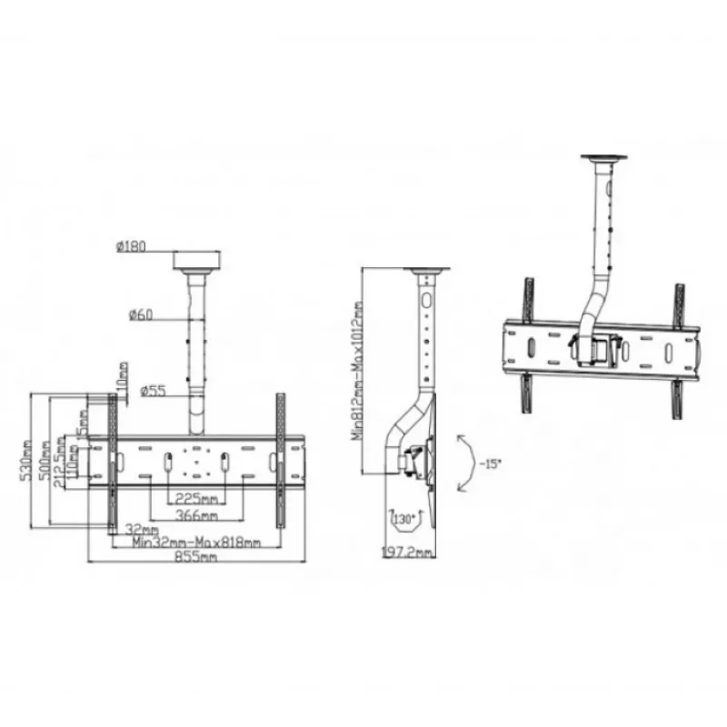 EXERTIS CONNECT griestu stiprinājums 37-60 collu plakanajiem ekrāniem, VESA līdz 600x400, 80 kg, ar sasvēršanu un pagriešanu, melns 903231