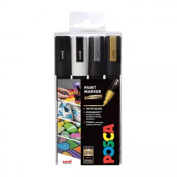 Uni-Ball Faber-Castell POSCA PC-5M metālisko akrila krāsu marķieru komplekts, 4 krāsas, vidējs lodes uzgalis 1,8–2,5 mm 182544