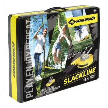 SCHILDKRÖT Slackline komplekts 15 m dzeltens, 50 mm plats ar sprūdrata spriegotāju - līdzsvara treniņu komplekts 970701