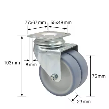 Wagner design yourself ECO RO 1577 pelēks dubultais grozāmais ritenītis, 50 mm ritenis, 50 kg slodze, montāžas plāksne 3157701