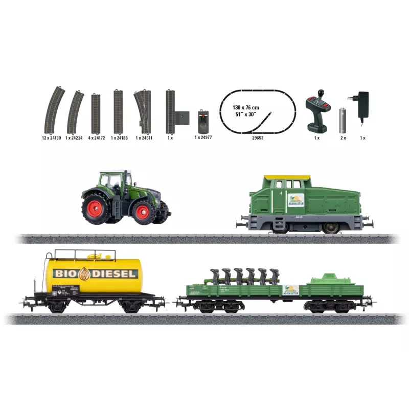 Märklin 29653 H0 starta komplekts lauksaimniecība - digitālā tvaika lokomotīve BR 81 ar mfx+ skaņu, Mobile Station 3, C-Track ovāls, vagoni ar traktoru un siena ķīpām