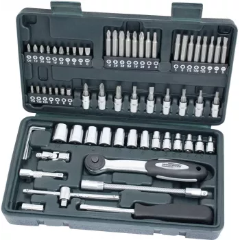 BRÜDER MANNESMANN 1/4 inch 65 gabalu uzgriežņu atslēgu komplekts ar sprūdratu, pagarinātājiem, uzgaļiem un futrāli 29165