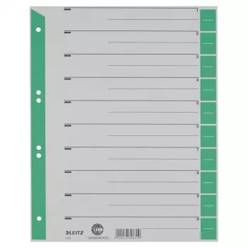 LEITZ 16523055 A4 kartona atdalītājloksnes, zaļas, 25 loksnes, universāls 11 caurumu, 160 gsm