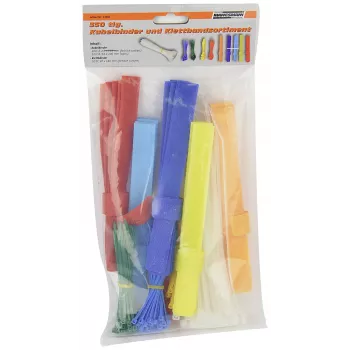 BRÜDER MANNESMANN kabeļu saišu un Velcro siksniņu komplekts, 350 gab., 200 kabeļu saites 2,5 x 100 mm dažādās krāsās, 150 atkārtoti lietojamas Velcro siksniņas, iekštelpu kabeļu pārvaldība (M13060)