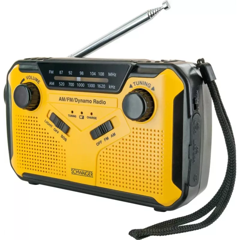 Schwaiger āra radio FM/AM ar rokas ģeneratoru un saules paneli, ūdensizturīgs, triecienizturīgs, ar lukturīti, dzelteni/melns (RADK0001)