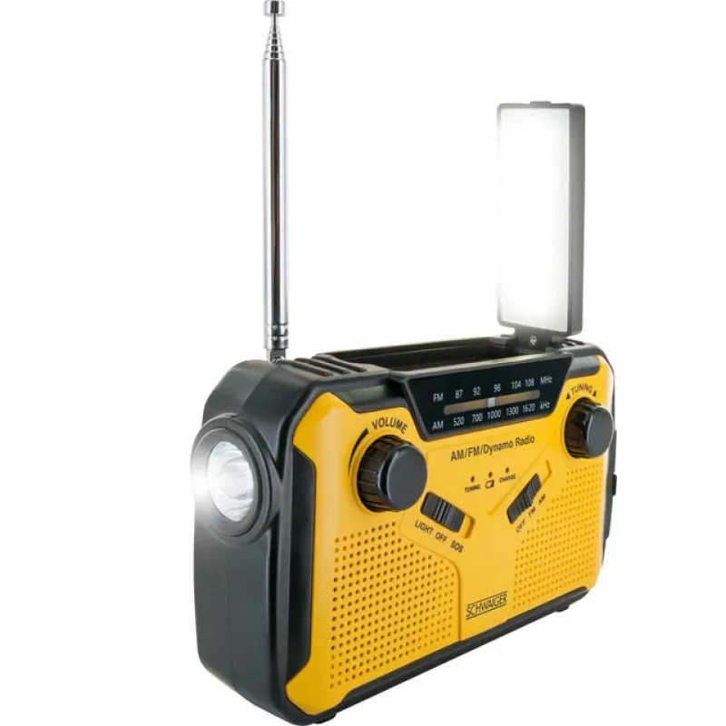 Schwaiger āra radio FM/AM ar rokas ģeneratoru un saules paneli, ūdensizturīgs, triecienizturīgs, ar lukturīti, dzelteni/melns (RADK0001)