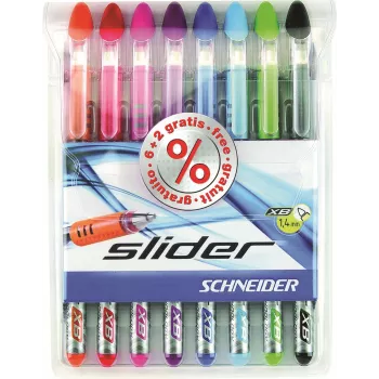 Schneider Slider Basic lodīšu pildspalvu komplekts - 8 dažādās krāsās, īpaši platais 1,4 mm uzgalis, Viscoglide tehnoloģija, ergonomisks gumijots satvērējs, nerūsējošā tērauda klips 151298