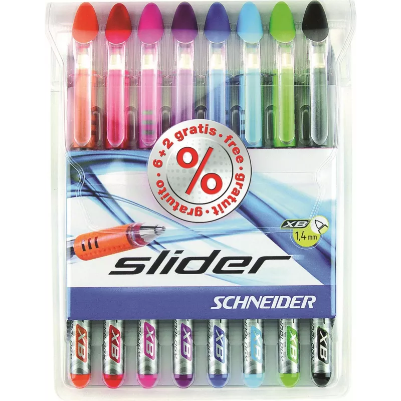Schneider Slider Basic lodīšu pildspalvu komplekts - 8 dažādās krāsās, īpaši platais 1,4 mm uzgalis, Viscoglide tehnoloģija, ergonomisks gumijots satvērējs, nerūsējošā tērauda klips 151298