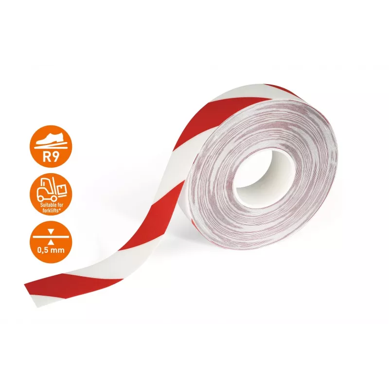 DURABLE DURALINE 50/05 pašlīmējoša grīdas marķēšanas lente, sarkana/balta, 50 mm x 5 m 1021132