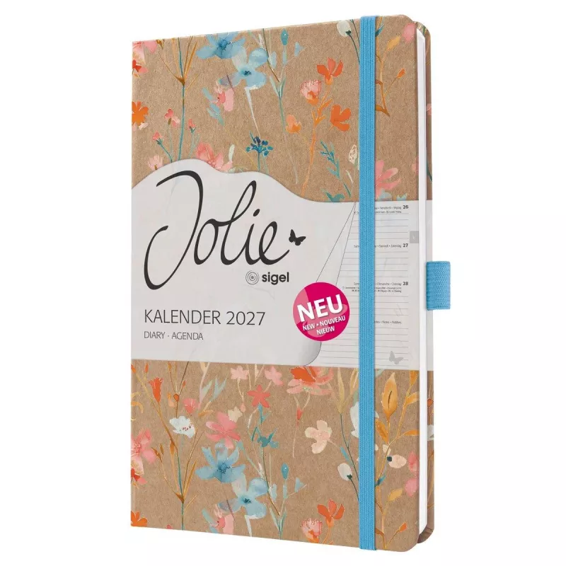 SIGEL Jolie 2027 nedēļas plānotājs A5 Blue Floral Serenity cietos vākos ar elastīgo aizdari, pildspalvas turētāju, divām grāmatzīmēm, iekšējo kabatu, 144 lappusēm, 80 g/m² papīra, noapaļotiem stūriem, daudzvalodu 7J807