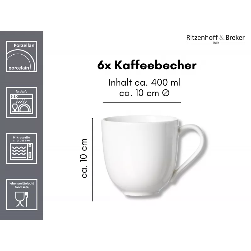 Ritzenhoff & Breker Skagen baltas porcelāna kafijas krūzes 440 ml, 6 gab. komplekts 317329