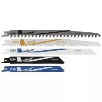 Wolfcraft 3599000 zāģa asmeņu komplekts zobenzāģim, 5 gab., HCS un bi-metāls, 150/230 mm, 6/18 TPI, universāls 1/2 collu stiprinājums
