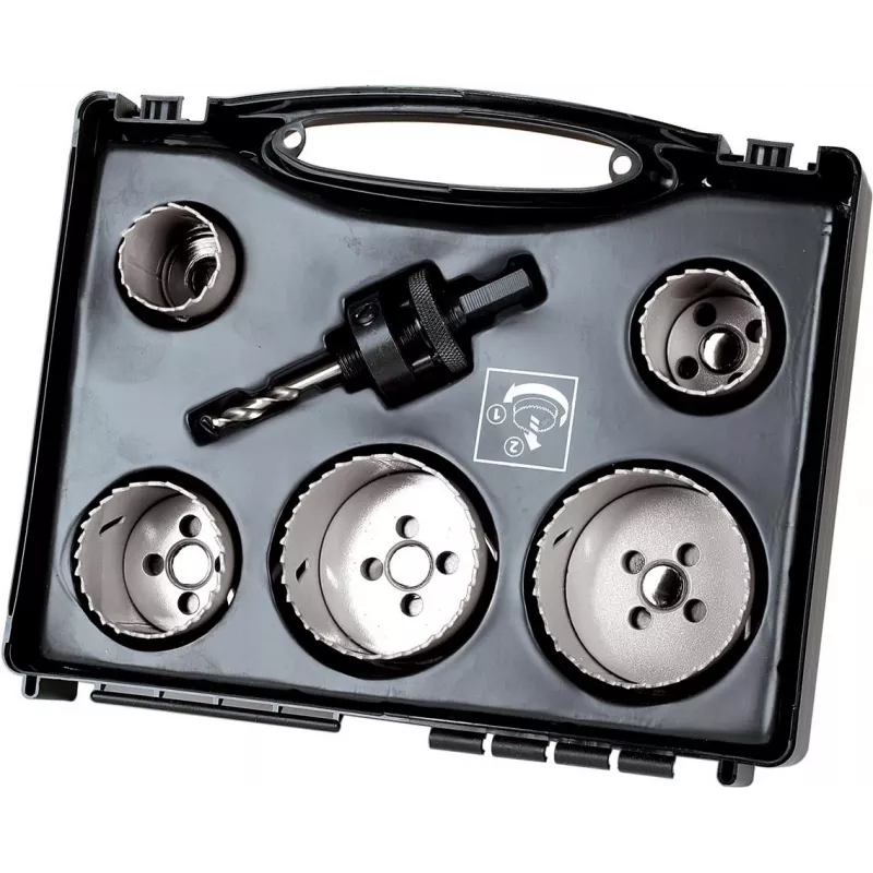 Wolfcraft 5423000 8 gabalu urbju komplekts, 25-68 mm, oglekļa tērauds, ar sešstūra adapteri un centrējošo urbi, koferī