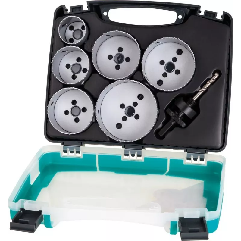 Wolfcraft 5423000 8 gabalu urbju komplekts, 25-68 mm, oglekļa tērauds, ar sešstūra adapteri un centrējošo urbi, koferī