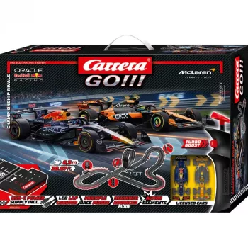 Carrera GO!!! Championship Rivals elektriskā sacīkšu komplekts ar 1:43 mēroga modeļiem, 5,3 m trase, Red Bull pret Mercedes F1