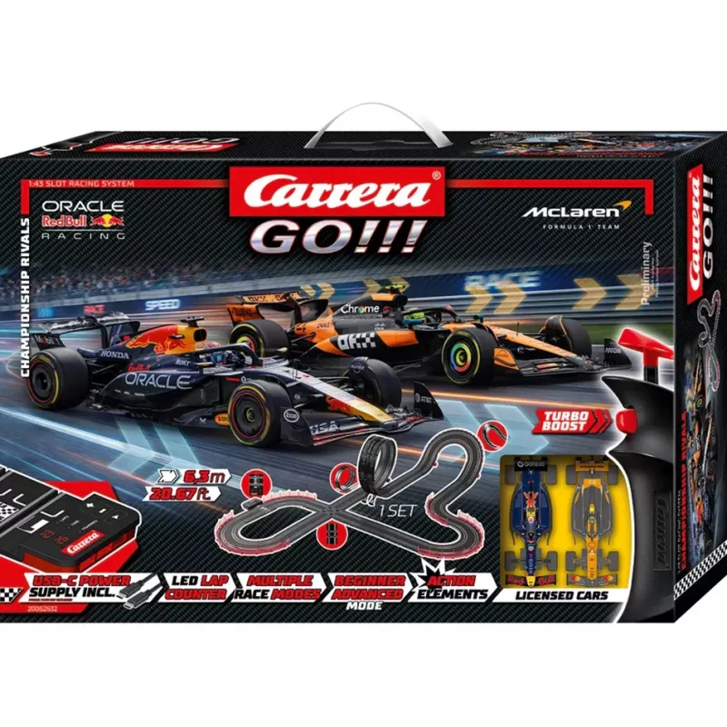 Carrera GO!!! Championship Rivals elektriskā sacīkšu komplekts ar 1:43 mēroga modeļiem, 5,3 m trase, Red Bull pret Mercedes F1