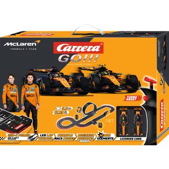 Carrera GO!!! McLaren Racing elektrisko sacīkšu auto komplekts 1:43 mērogā ar cilpu, pārvadu, šauro posmu, 2 pultīm, 6,2 m trasi