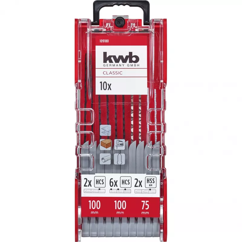 kwb 109180 zāģa asmeņu komplekts, 10 gab., T-kāts, kokam/metālam/plastmasai