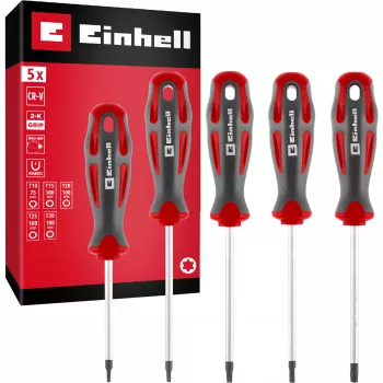Einhell Universal Torx skrūvgriežu komplekts T10-T30, 5 gab., magnētiski uzgaļi, hroma vanādija tērauds, ergonomiski divu materiālu rokturi, darbnīcai un DIY 370537