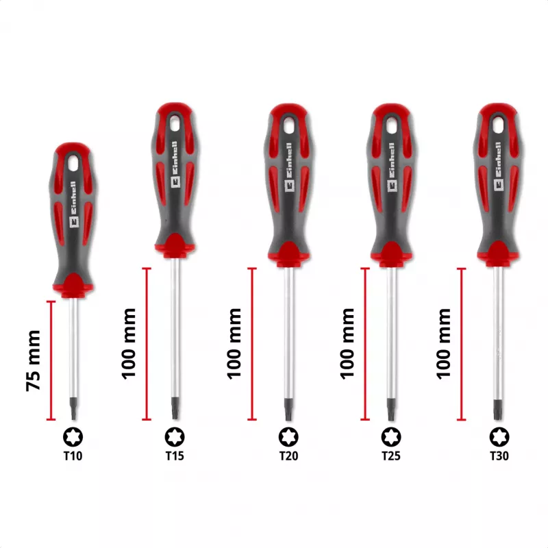 Einhell Universal Torx skrūvgriežu komplekts T10-T30, 5 gab., magnētiski uzgaļi, hroma vanādija tērauds, ergonomiski divu materiālu rokturi, darbnīcai un DIY 370537