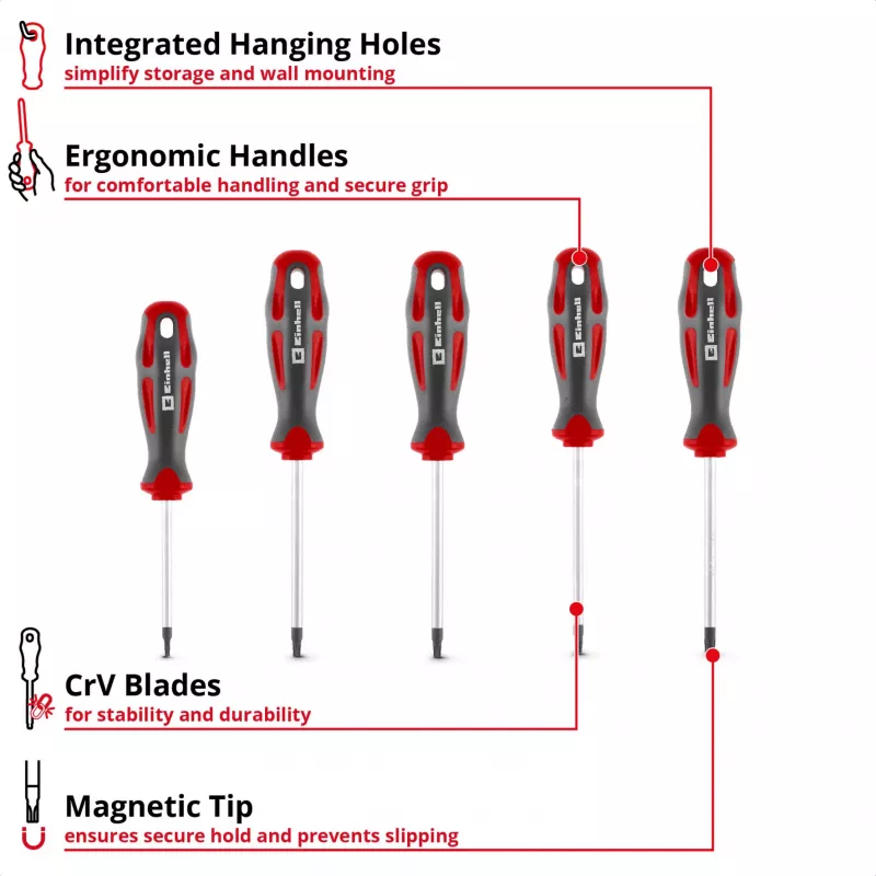 Einhell Universal Torx skrūvgriežu komplekts T10-T30, 5 gab., magnētiski uzgaļi, hroma vanādija tērauds, ergonomiski divu materiālu rokturi, darbnīcai un DIY 370537