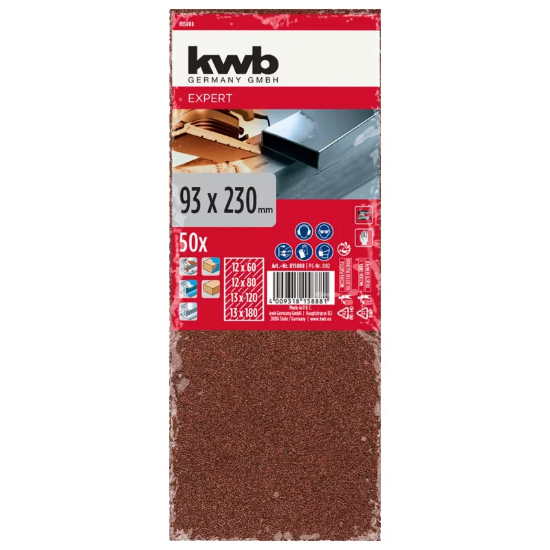 KWB 815888 slīpēšanas loksnes, graudainība P60/P80/P120/P180, 230 x 93 mm, 50 gab.