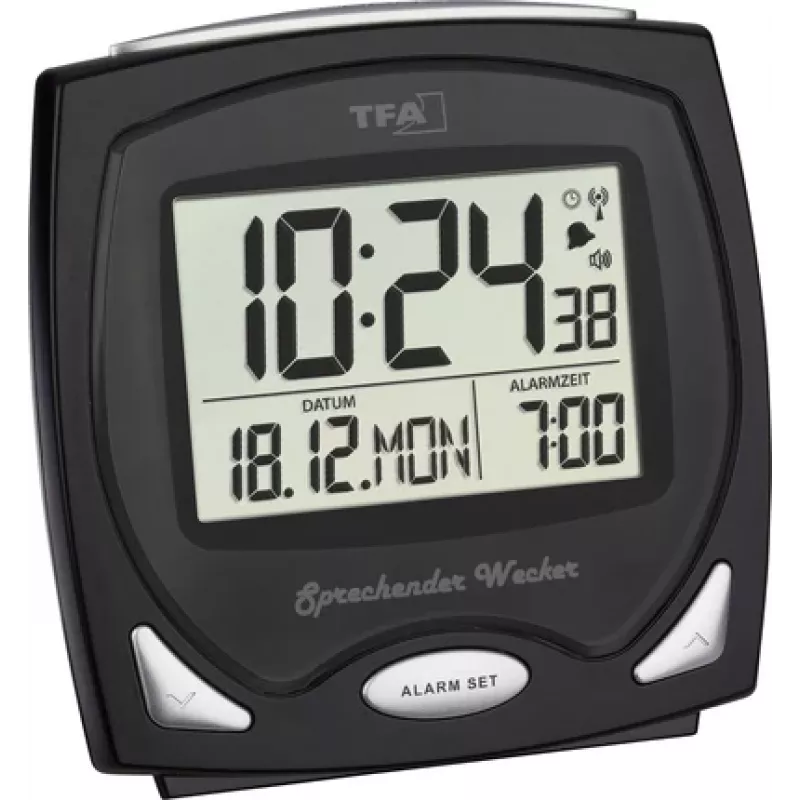 TFA Dostmann Radiovadāmais modinātājs melns ar luminiscējošu ciparnīcu 60.2541.01