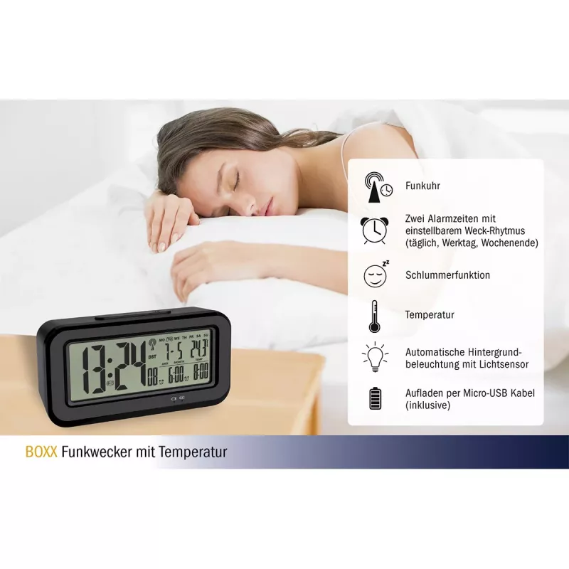 TFA Dostmann BOXX digitālais modinātājs melns 60.2554.01