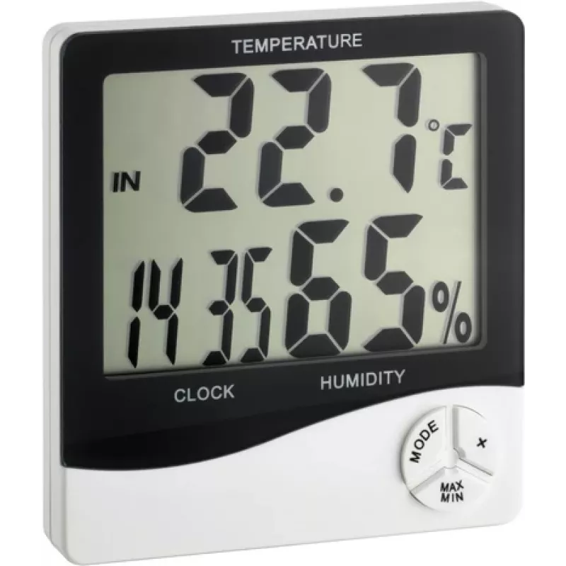 TFA Dostmann WS 5031 termo-higrometrs ar pulksteni, melns/balts 30-5031